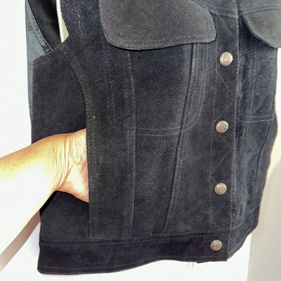 Vintage 80s/90s Mona Mode black suede leather vest with collar & pockets - Picture 5 of 9